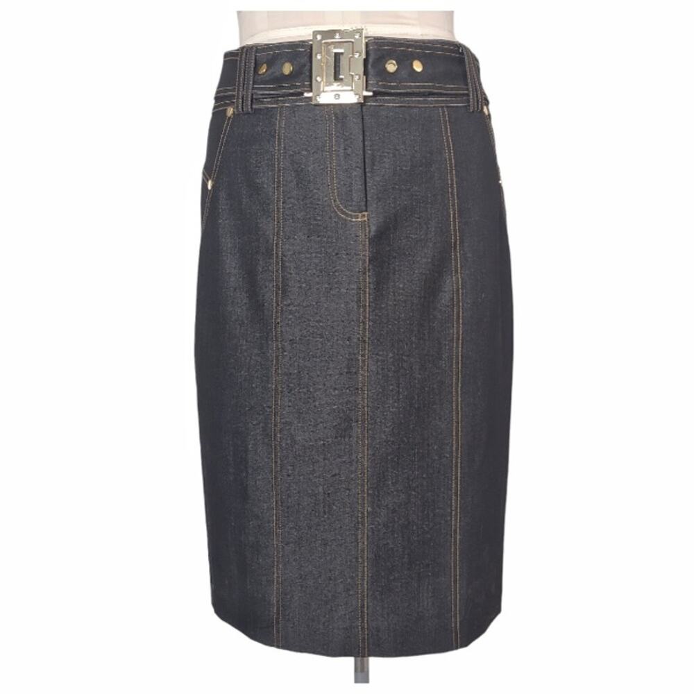 CACHE Stretch Denim Skirt Size 8 Lightweight Matching Belt Gold Hardware Elegant